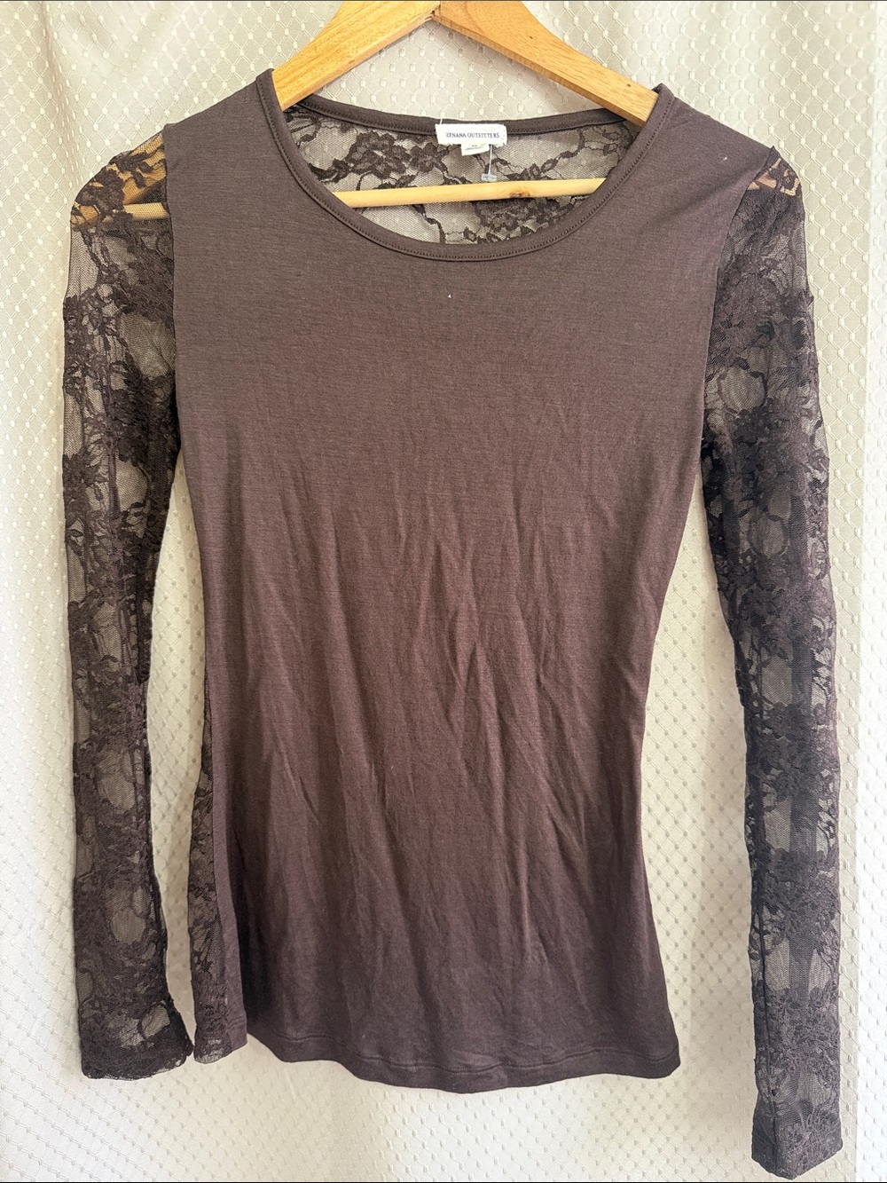 Zenana Outfitters Chocolate Brown Long Sleeve Lace Inset Tee